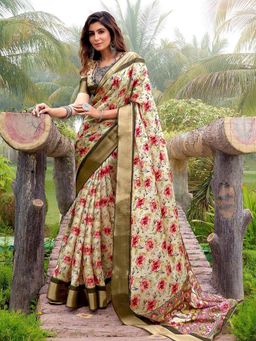 Akhilam - Women's Tussar Silk Light Green Floral Designer Saree with Unstitched Blouse