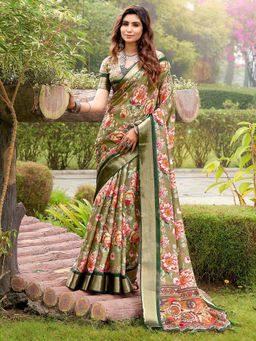 Akhilam - Women's Tussar Silk Olive Floral Designer Saree with Unstitched Blouse