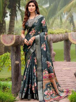 Akhilam - Women's Tussar Silk Dark Green Floral Designer Saree with Unstitched Blouse