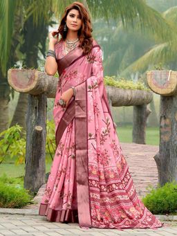 Akhilam - Women's Tussar Silk Pink Floral Designer Saree with Unstitched Blouse
