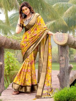 Akhilam - Women's Tussar Silk Mustard Floral Designer Saree with Unstitched Blouse