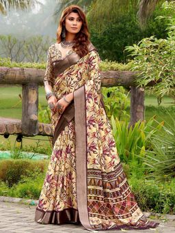 Akhilam - Women's Tussar Silk Yellow Floral Designer Saree with Unstitched Blouse