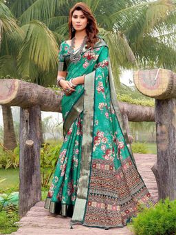 Akhilam - Women's Tussar Silk Blue Floral Designer Saree with Unstitched Blouse