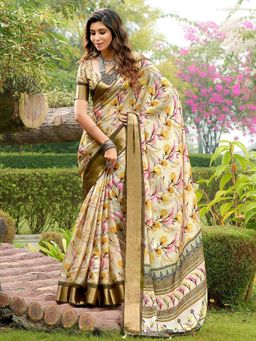 Akhilam - Women's Tussar Silk Cream Floral Designer Saree with Unstitched Blouse