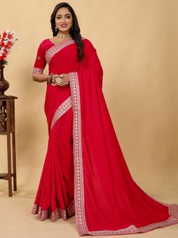 Sareemall - Women's Velvet Pink Embroidered Designer Saree with Unstitched Blouse