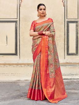 Akhilam - Women's Kanjeevaram Silk Green Woven Designer Saree with Unstitched Blouse
