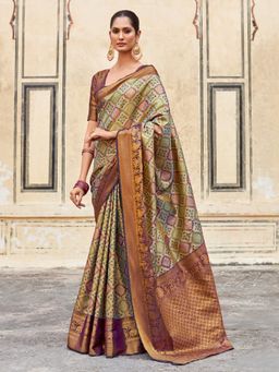 Akhilam - Women's Kanjeevaram Silk Green Woven Designer Saree with Unstitched Blouse
