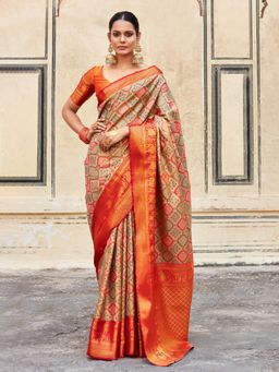 Akhilam - Women's Kanjeevaram Silk Orange Woven Designer Saree with Unstitched Blouse