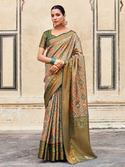 Akhilam - Women's Kanjeevaram Silk Orange Woven Designer Saree with Unstitched Blouse