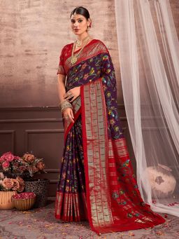Akhilam - Women's Dola Silk Purple Floral Designer Saree with Unstitched Blouse