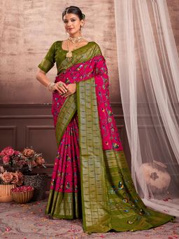 Akhilam - Women's Dola Silk Pink Floral Designer Saree with Unstitched Blouse