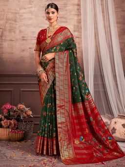 Akhilam - Women's Dola Silk Green Floral Designer Saree with Unstitched Blouse