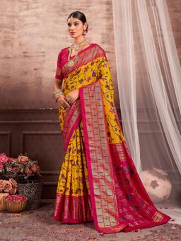 Akhilam - Women's Dola Silk Yellow Floral Designer Saree with Unstitched Blouse