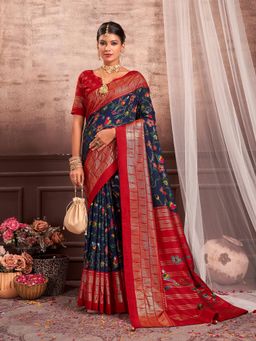 Akhilam - Women's Dola Silk Navy Blue Floral Designer Saree with Unstitched Blouse