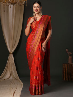 Akhilam - Women's Organza Red Woven Designer Saree with Unstitched Blouse