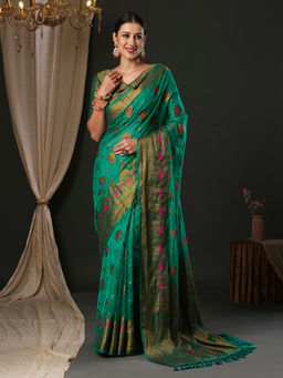 Akhilam - Women's Organza Teal Blue Woven Designer Saree with Unstitched Blouse