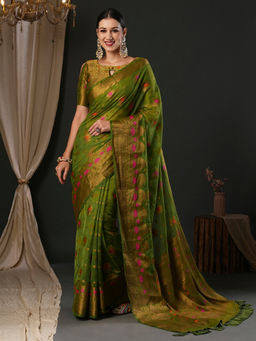 Akhilam - Women's Organza Olive Woven Designer Saree with Unstitched Blouse