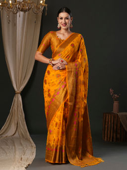 Akhilam - Women's Organza Yellow Woven Designer Saree with Unstitched Blouse