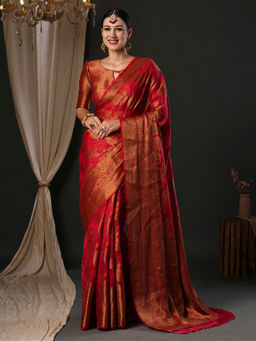 Akhilam - Women's Organza Red Woven Designer Saree with Unstitched Blouse
