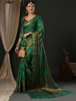 Akhilam - Women's Organza Teal Green Woven Designer Saree with Unstitched Blouse