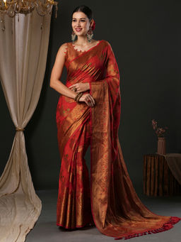 Akhilam - Women's Organza Red Woven Designer Saree with Unstitched Blouse