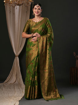 Akhilam - Women's Organza Light Green Woven Designer Saree with Unstitched Blouse