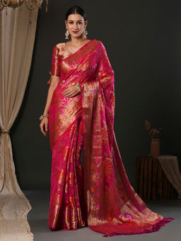 Akhilam - Women's Organza Pink Woven Designer Saree with Unstitched Blouse