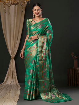 Akhilam - Women's Organza Turquoise Woven Designer Saree with Unstitched Blouse