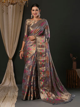 Akhilam - Women's Organza Grey Woven Designer Saree with Unstitched Blouse