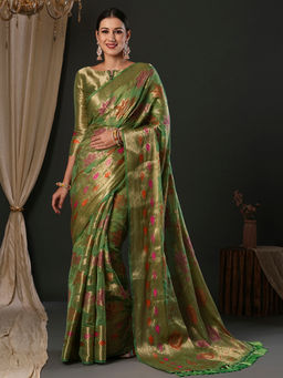 Akhilam - Women's Organza Light Green Woven Designer Saree with Unstitched Blouse