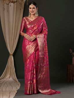 Akhilam - Women's Organza Pink Woven Designer Saree with Unstitched Blouse