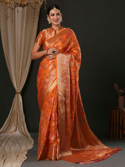 Akhilam - Women's Organza Orange Woven Designer Saree with Unstitched Blouse