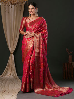 Akhilam - Women's Organza Pink Woven Designer Saree with Unstitched Blouse