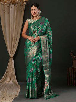Akhilam - Women's Organza Teal Green Woven Designer Saree with Unstitched Blouse