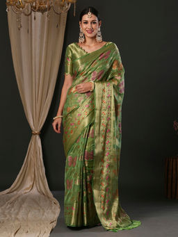Akhilam - Women's Organza Light Green Woven Designer Saree with Unstitched Blouse