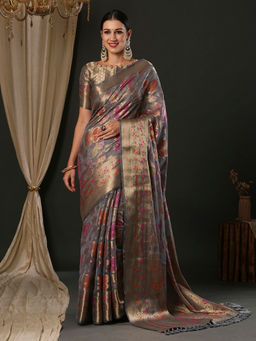 Akhilam - Women's Organza Grey Woven Designer Saree with Unstitched Blouse