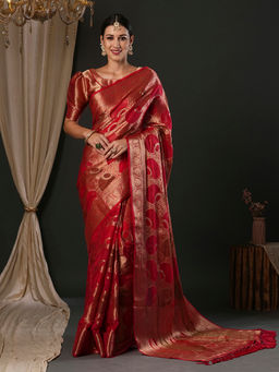 Akhilam - Women's Georgette Red Woven Designer Saree with Unstitched Blouse