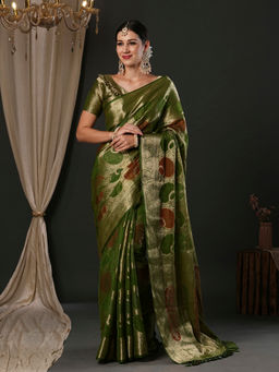 Akhilam - Women's Georgette Light Green Woven Designer Saree with Unstitched Blouse