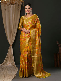Akhilam - Women's Organza Yellow Woven Designer Saree with Unstitched Blouse