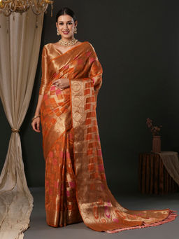 Akhilam - Women's Organza Orange Woven Designer Saree with Unstitched Blouse