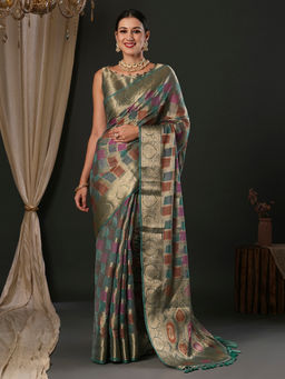 Akhilam - Women's Organza Sea Green Woven Designer Saree with Unstitched Blouse