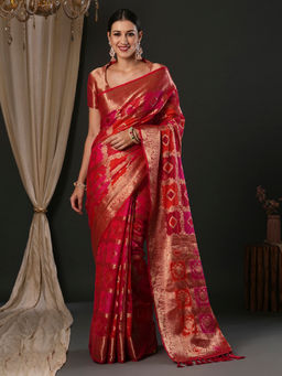 Akhilam - Women's Organza Pink Woven Designer Saree with Unstitched Blouse
