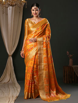 Akhilam - Women's Organza Yellow Woven Designer Saree with Unstitched Blouse