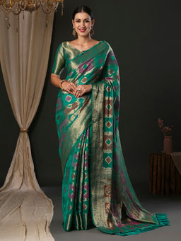 Akhilam - Women's Organza Teal Woven Designer Saree with Unstitched Blouse