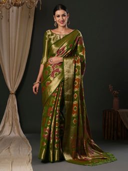 Akhilam - Women's Organza Olive Woven Designer Saree with Unstitched Blouse