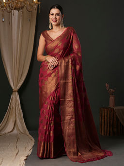 Akhilam - Women's Organza Pink Woven Designer Saree with Unstitched Blouse