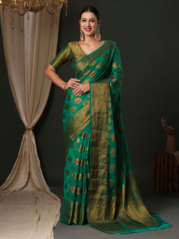 Akhilam - Women's Organza Teal Green Woven Designer Saree with Unstitched Blouse