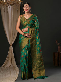 Akhilam - Women's Organza Teal Blue Woven Designer Saree with Unstitched Blouse