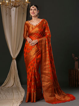 Akhilam - Women's Organza Orange Woven Designer Saree with Unstitched Blouse