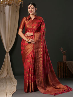 Akhilam - Women's Organza Maroon Woven Designer Saree with Unstitched Blouse